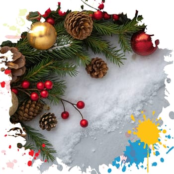 Festive Christmas and New Year Decoration with Snow.Space for text.A beautifully arranged Christmas and New Year decoration featuring snow-covered pine branches adorned with golden and red baubles, pinecones, and vibrant red berries. The scene captures the essence of the holiday season with its festive ornaments and a gentle snowfall, creating a warm and inviting winter atmosphere.