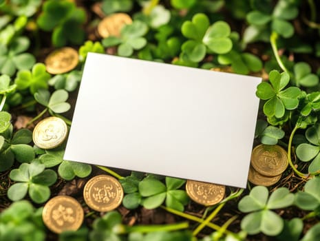 Blank white postcard on green clover leaves and gold coins for st. Patricks day design.