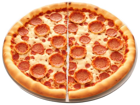 Zesty sausage pizza with crispy pepperoni cups, gooey cheese pull, vibrant red sauce, perfect browning, dynamic slice lift.