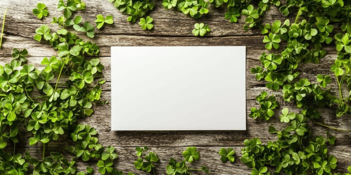 Blank white card on rustic wooden background with green clover leaves for natural design themes.