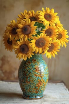 Bright sunflowers in a unique turquoise vase, perfect for uplifting any living space with joy and cheer
