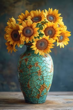 A vibrant and lively display of bright yellow sunflowers arranged in an ornate teal vase, perfect for any home decor
