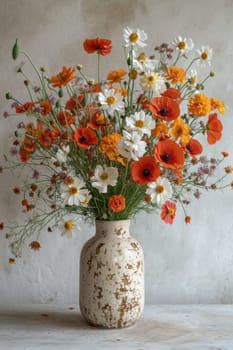 A stunning bouquet of colorful flowers in a textured vase, perfect for enhancing your home decoration