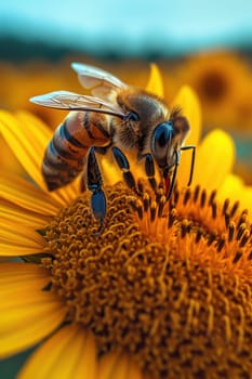 A busy bee is diligently collecting pollen from a bright sunflower in a sunny field on a lovely warm spring day