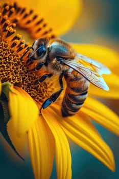 A closeup of a bee gathering pollen from a vibrant sunflower, showcasing the stunning beauty of nature