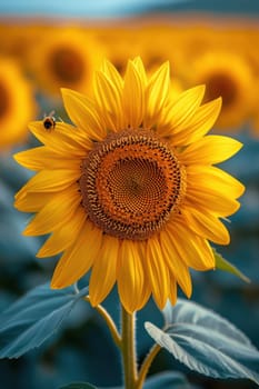 An extremely vivid closeup image of a sunflower exhibiting a busy bee amidst a colorful and lively field landscape