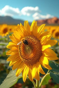 In a vibrant, sunny field, a stunning sunflower draws in a busy bee, beautifully showcasing natures artistry