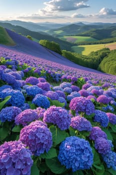 A breathtaking view showcasing vibrant hydrangea flowers beautifully cascading over picturesque rolling hills