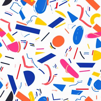 This vibrant composition features various geometric shapes in a wide array of colors against a clean backdrop
