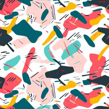 This vibrant, colorful, and dynamic abstract pattern features a variety of playful shapes and lively hues