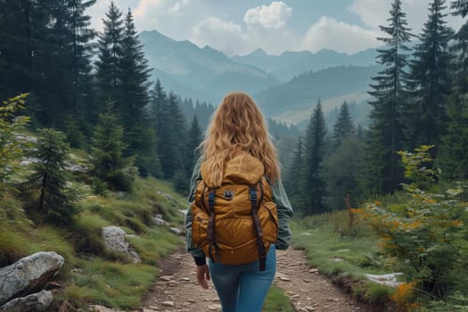 A woman is hiking along a beautiful, lush forested trail with majestic mountains visible in the background