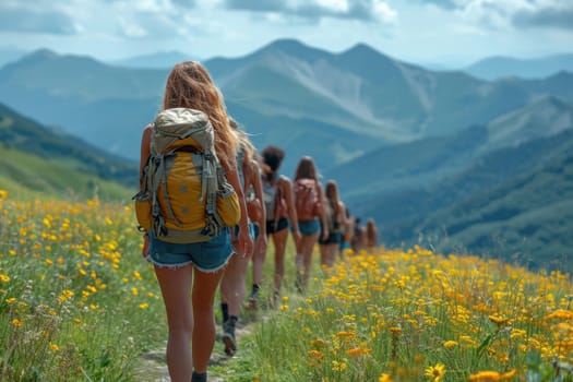 A group of enthusiastic hikers joyfully traversing a colorful mountain trail amidst stunning landscapes