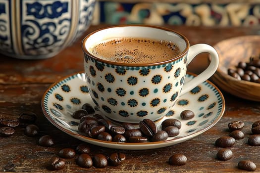 A beautifully designed coffee cup with exquisite beans, perfect for coffee lovers and rustic decor fans