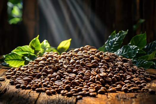 A vibrant and attractive pile of rich coffee beans is surrounded by lush green leaves, illuminated by soft light