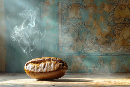 A captivating coffee bean elegantly surrounded by soft, swirling smoke, evoking warmth and nostalgia within