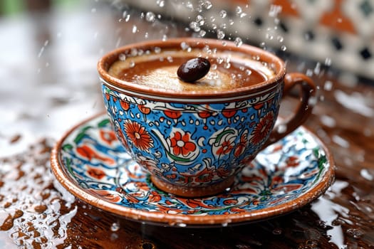 A stunning shot of Turkish coffee in an ornate cup, with lively water splashes for an immersive experience