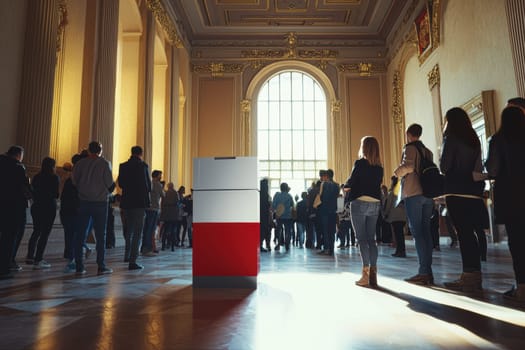 People stood in line in a grand hall by a voting box, showing their commitment to democratic engagement