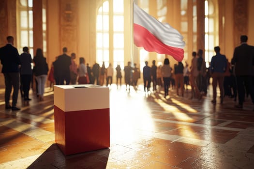 A vibrant scene depicting a ballot box and the Polish flag in a historic setting, symbolizing democracy.
