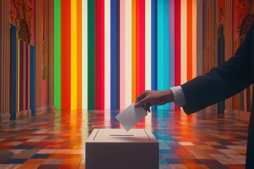 A person confidently casting a ballot into a box, symbolizing the power of voting in a vibrant, democratic setting