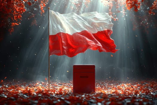 A striking image of the Polish flag next to a ballot box, beautifully illuminated by captivating light
