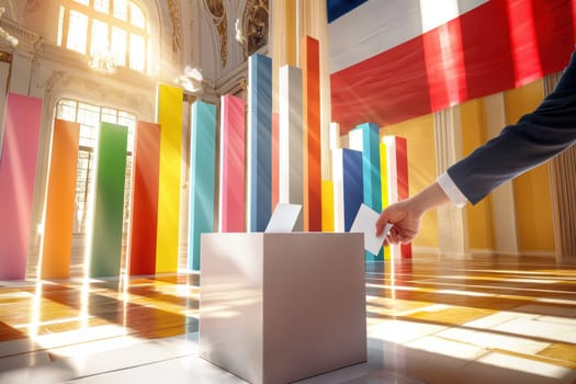 A colorful and vibrant ballot being cast in a lively setting, symbolizing the participation of global democracy