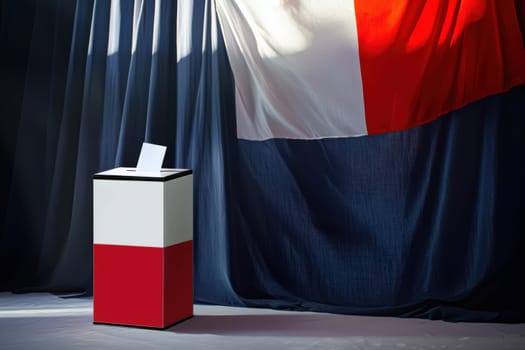 A voting box stands prominently adorned with a national flag, symbolizing the essence of democracy and civic engagement