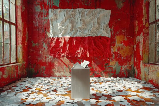 An empty voting booth contrasts with peeling red walls, highlighting themes of democracy and decay in society