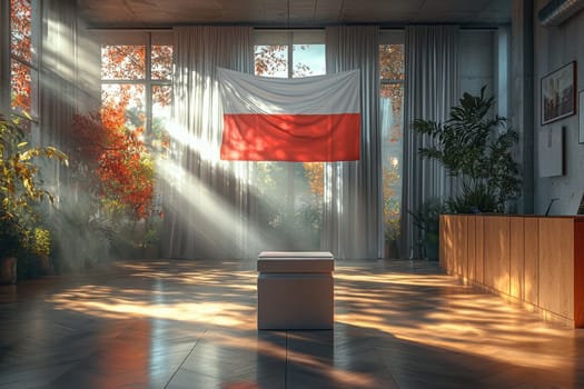A tranquil and serene room adorned with the Polish flag, suffused with natural light and vibrant greenery