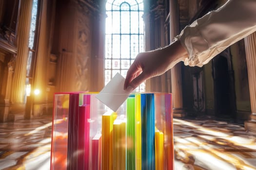 A hand is carefully depositing a ballot into a vibrant and colorful box located in a grand, wellilluminated space