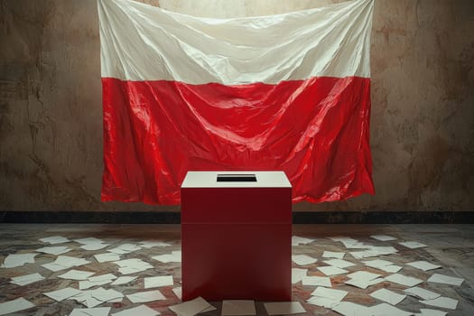 A voting box set prominently in front of a Polish national flag, representing the essential democratic processes
