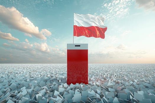 An incredibly stunning visual representation of a ballot box adorned with the Polish flag in a dreamlike environment