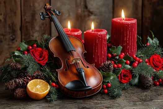 A beautiful holiday scene that features a lovely violin, fragrant red candles, and charming seasonal decorations