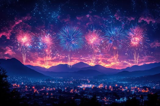 An absolutely breathtaking fireworks spectacle lights up the stunning night sky above a peaceful village