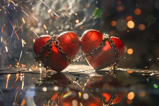 The artwork shows two broken hearts connected by chains, symbolizing loves struggles and profound beauty