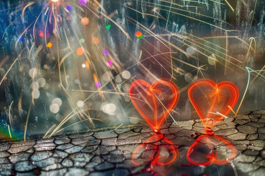 A pair of romantic hearts are beautifully surrounded by an array of vibrant fireworks and glittering bokeh lights