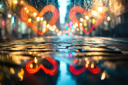 A stunning and beautiful street scene capturing hearts, with lights beautifully reflecting on the wet pavement below
