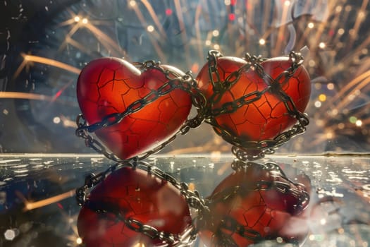 Red hearts with a glass texture reflect brilliantly, set against stunning fireworks in the background