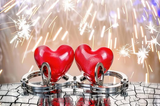 A stunning image of love shown with red hearts in handcuffs, surrounded by festive sparks, embodying romance