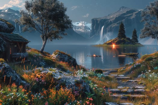 A tranquil lake surrounded by majestic mountains, vibrant flowers, and a cozy cabin, showcasing natures beauty