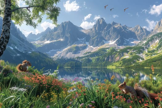 A beautiful and picturesque scene depicts a tranquil lake bordered by majestic mountains and playful wildlife