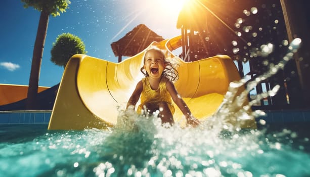 This close-up photograph captures the beaming joy of a little girl sliding down a yellow water slide under bright daylight. Her face, lit by natural sunlight, radiates excitement amidst the splashes of water.