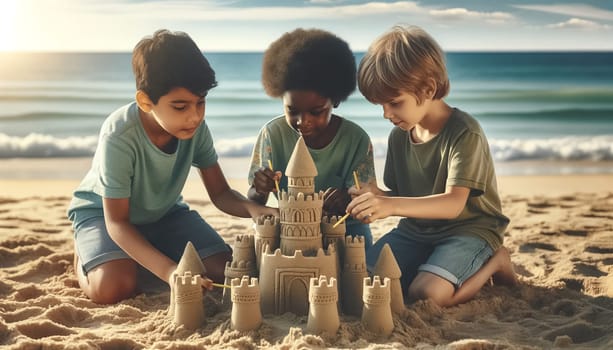 Pure joy of childhood as two boys and two girls build intricate sand castles. Under a clear blue sky, they work with shovels and decorate their creations with natural seaside materials.