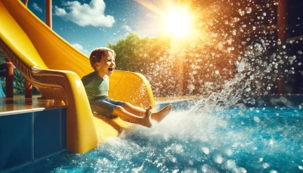 This vivid image captures a little boy as he joyfully slides down a bright yellow water slide into a pool. The photo highlights his elated expression and the immense splash of water around him, all under a bright, luminous sunny sky.