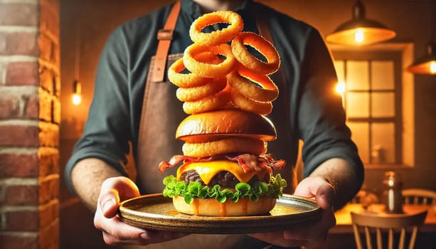 A gourmet burger topped with a stack of crispy, golden onion rings on a rustic ceramic plate. Melted cheddar, fresh lettuce, and crispy bacon peek out under the perfectly toasted bun. Warm, ambient lighting enhances the delicious details, with the background softly blurred, drawing focus to the savory creation.