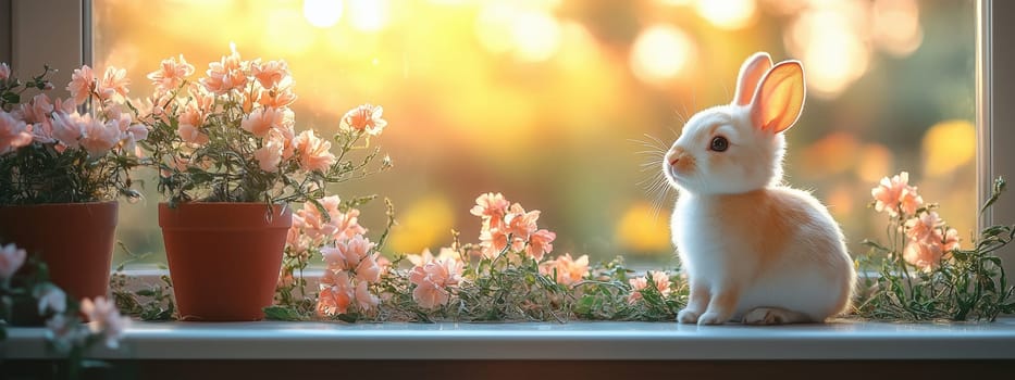 A white Easter bunny sits on a windowsill adorned with blooming pink flowers, illuminated by warm golden sunlight.