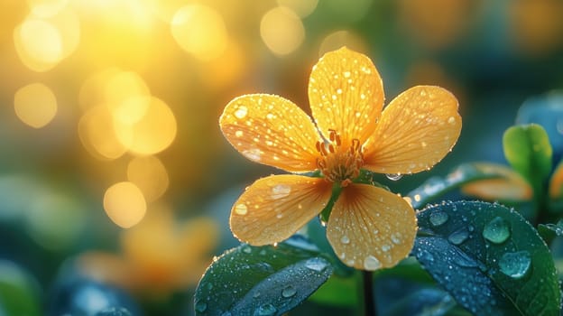 A close-up of a yellow flower with delicate water droplets, glowing in soft sunlight, symbolizing spring renewal.