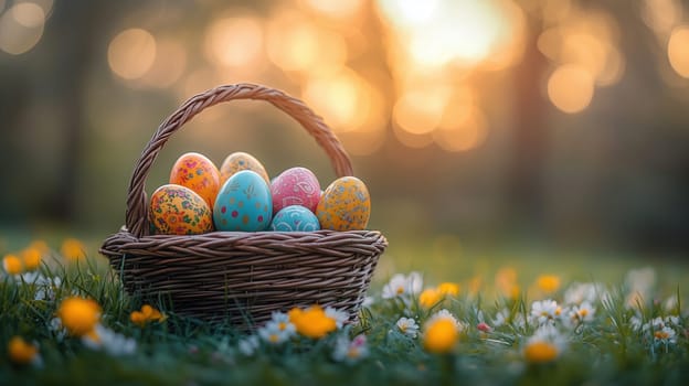 A wicker basket filled with colorful hand-painted Easter eggs resting on a grassy field surrounded by flowers, bathed in soft golden sunlight.