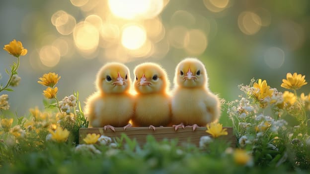 Three baby ducklings sitting in a wooden box surrounded by vibrant yellow flowers, creating a picturesque and cozy springtime scene.