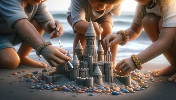 This close-up image vividly captures the hands of three siblings as they meticulously enhance a sand castle. The oldest uses a metallic blue spade for carving, while the youngest arranges blue and green flags.