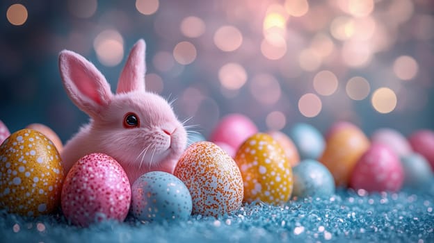 A pink bunny nestled among pastel Easter eggs with speckled patterns, highlighted by a sparkling glittery background and cheerful lighting.